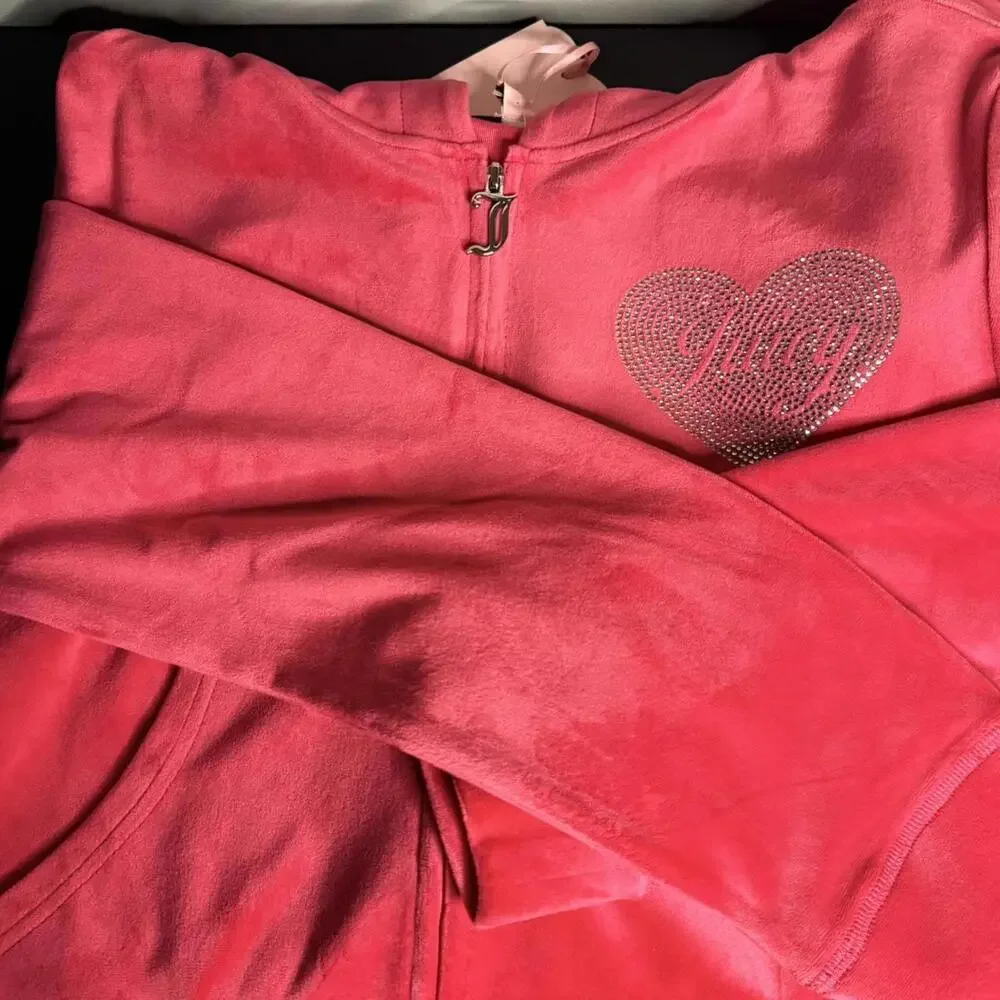 Juicy Couture Pink Velour Rhinestone Heart Tracksuit Set Hoodie Pants L NWT
